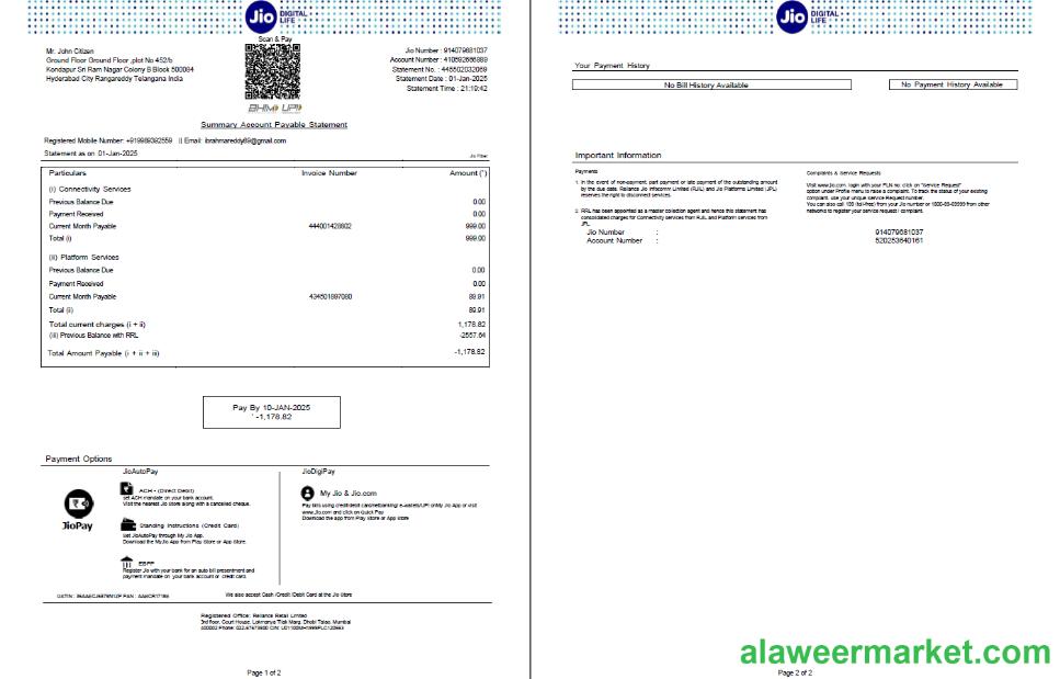 India Jio Digital Life utility bill template in Word and PDF formats, 2 pages, version 3